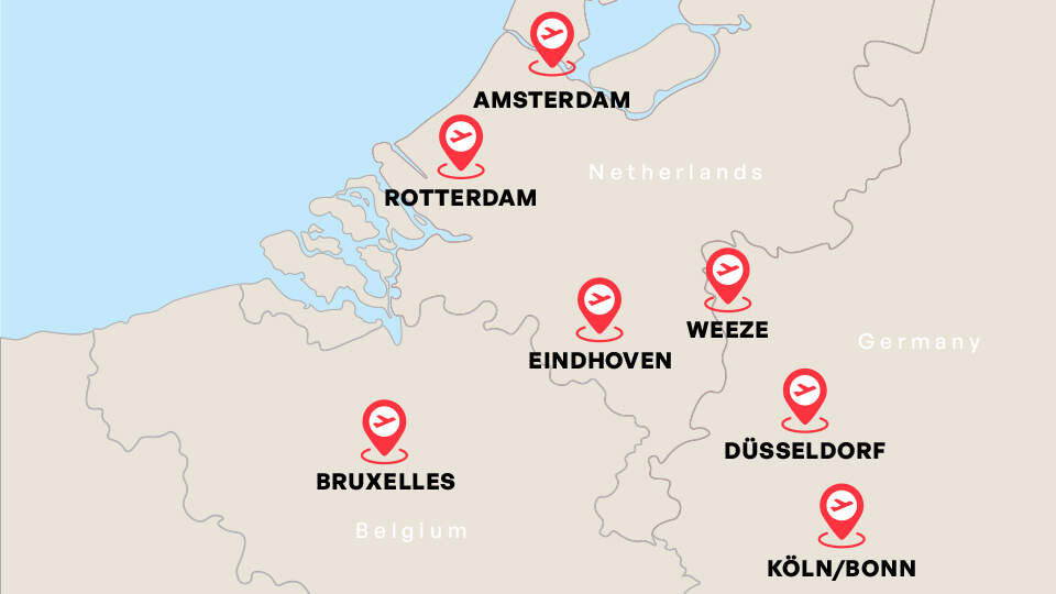 Carte aéroports de départ Belgique
