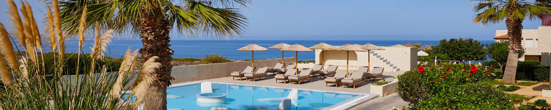 Terrasse entourée de palmiers avec piscine, parasols et transats, hôtels & resorts Vasia, Crète, Grèce