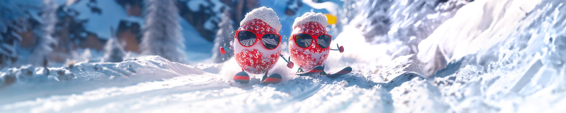 Twee paaseieren met Sunweb logo en zonnebril tijdens een skivakanie met pasen op skies in de sneeuw