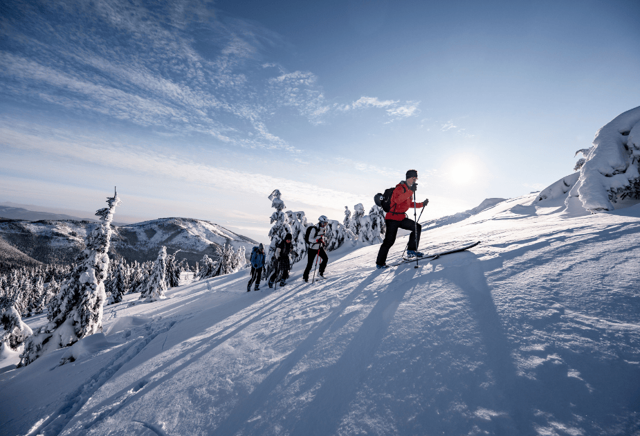 groep skiers loopt berg op