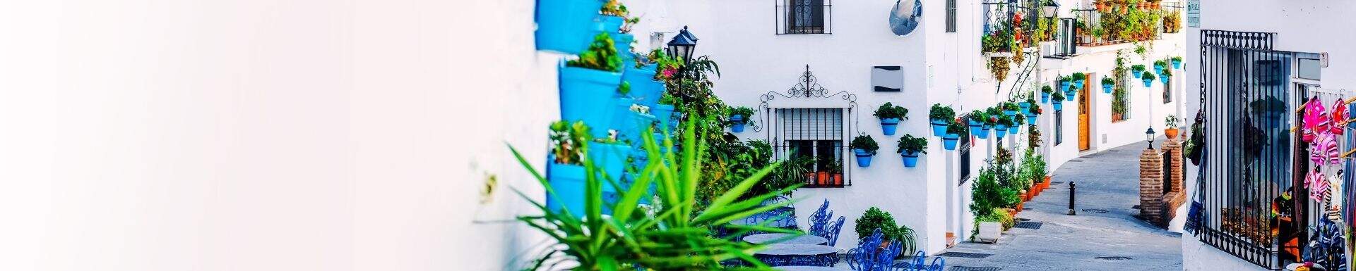 een nauw straatje in spanje met witte huisjes en planten in blauwe plantenbakken aan de muur 