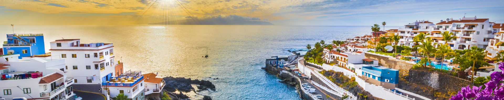 uitzicht vanaf baai met witte vakantiehuizen, palmbomen en paarse bloemen over zee tijdens zonsondergang tenerife spanje
